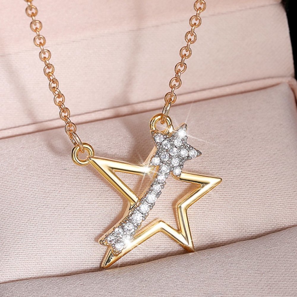 ⚡Crystal Clear Micro Pave Hollow 14K Gold Plated Star Pendant Necklace,MARR9009
